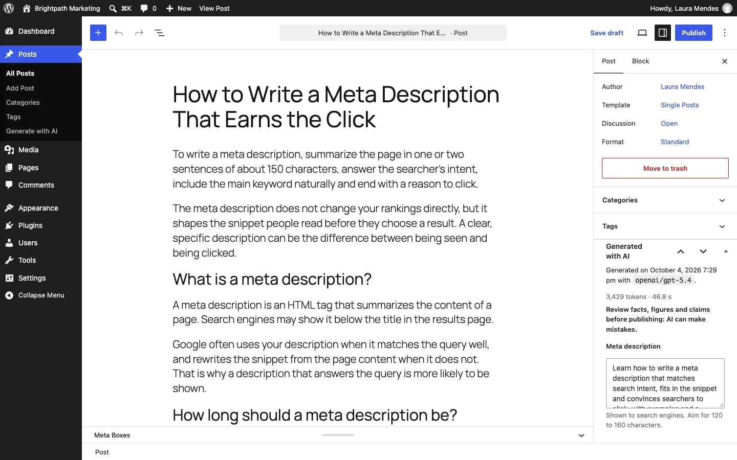 Contentor AI Writer: El borrador generado en el editor de bloques, con el recuadro "Generado con IA" (modelo, tokens y meta descripción).