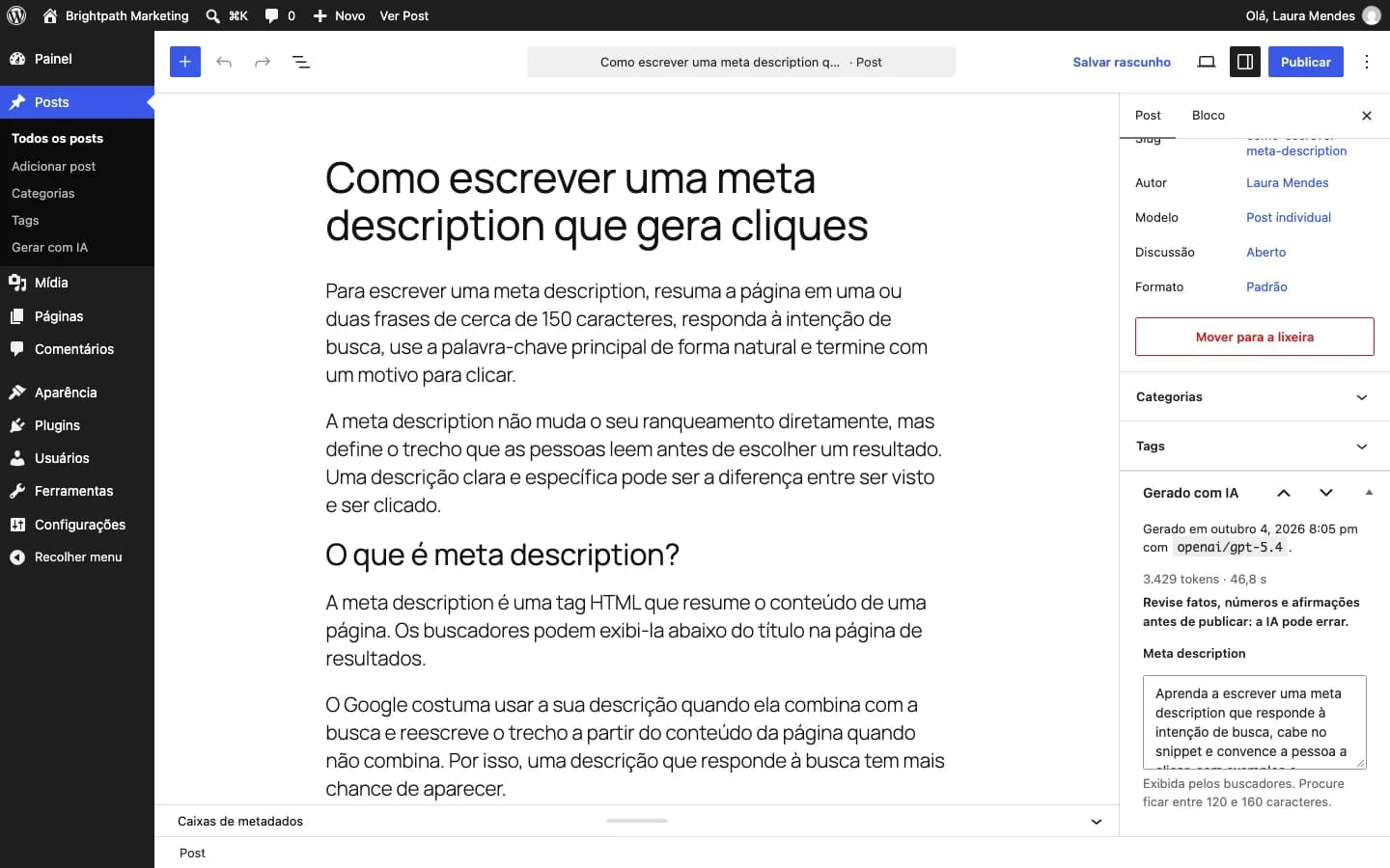 Contentor AI Writer: O rascunho gerado no editor de blocos, com o quadro "Gerado com IA" (modelo, tokens e meta description).