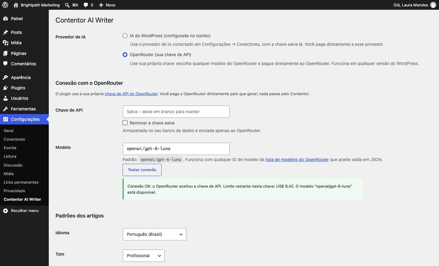 Contentor AI Writer: OpenRouter: a chave nunca é exibida de volta, e "Testar conexão" confere a chave e o modelo.