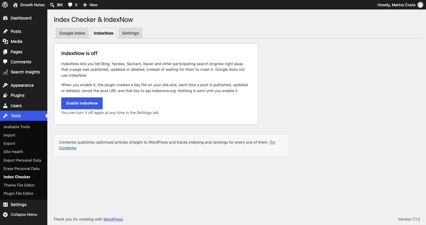 Contentor Index Checker & IndexNow: IndexNow viene desactivado: la pestaña explica qué se enviaría y lo activa con un clic.