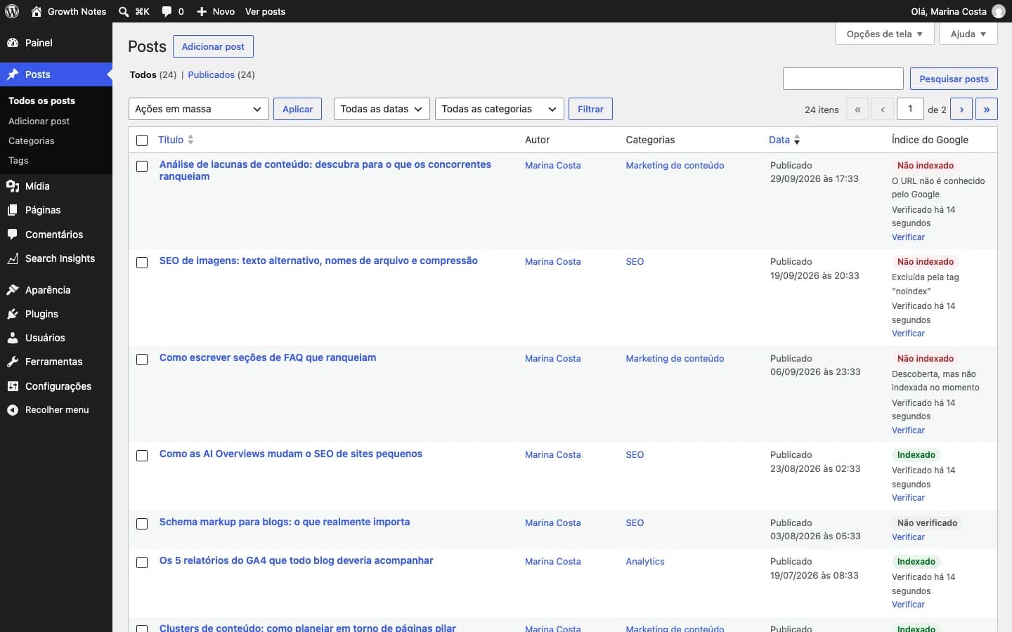 Contentor Index Checker & IndexNow: Coluna "Índice do Google" na lista de posts: indexado, não indexado com o motivo, ou ainda não verificado.