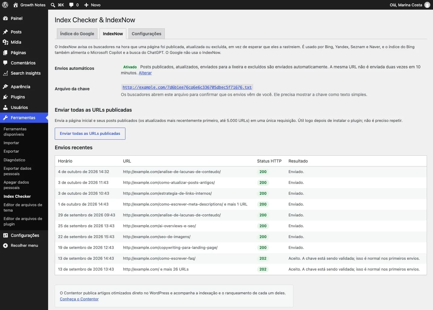 Contentor Index Checker & IndexNow: IndexNow ativo: arquivo da chave e histórico dos últimos envios.