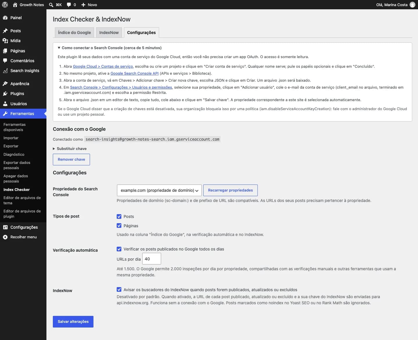 Contentor Index Checker & IndexNow: Configurações, com o guia de conexão, tipos de post e a verificação diária automática.