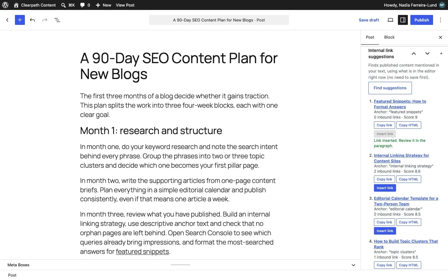 Contentor Internal Link Assistant: Sugerencias de enlaces internos en el editor de bloques, con ancla, puntuación y enlaces recibidos; "Insertar enlace" hace el resto.