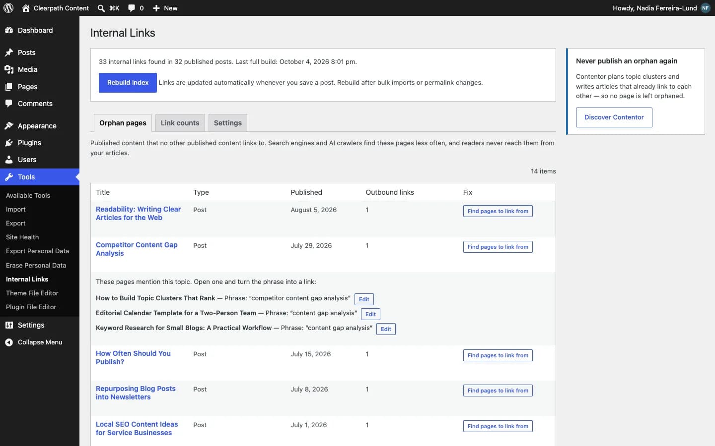 Contentor Internal Link Assistant: Informe de páginas huérfanas, con las entradas que ya mencionan cada tema.