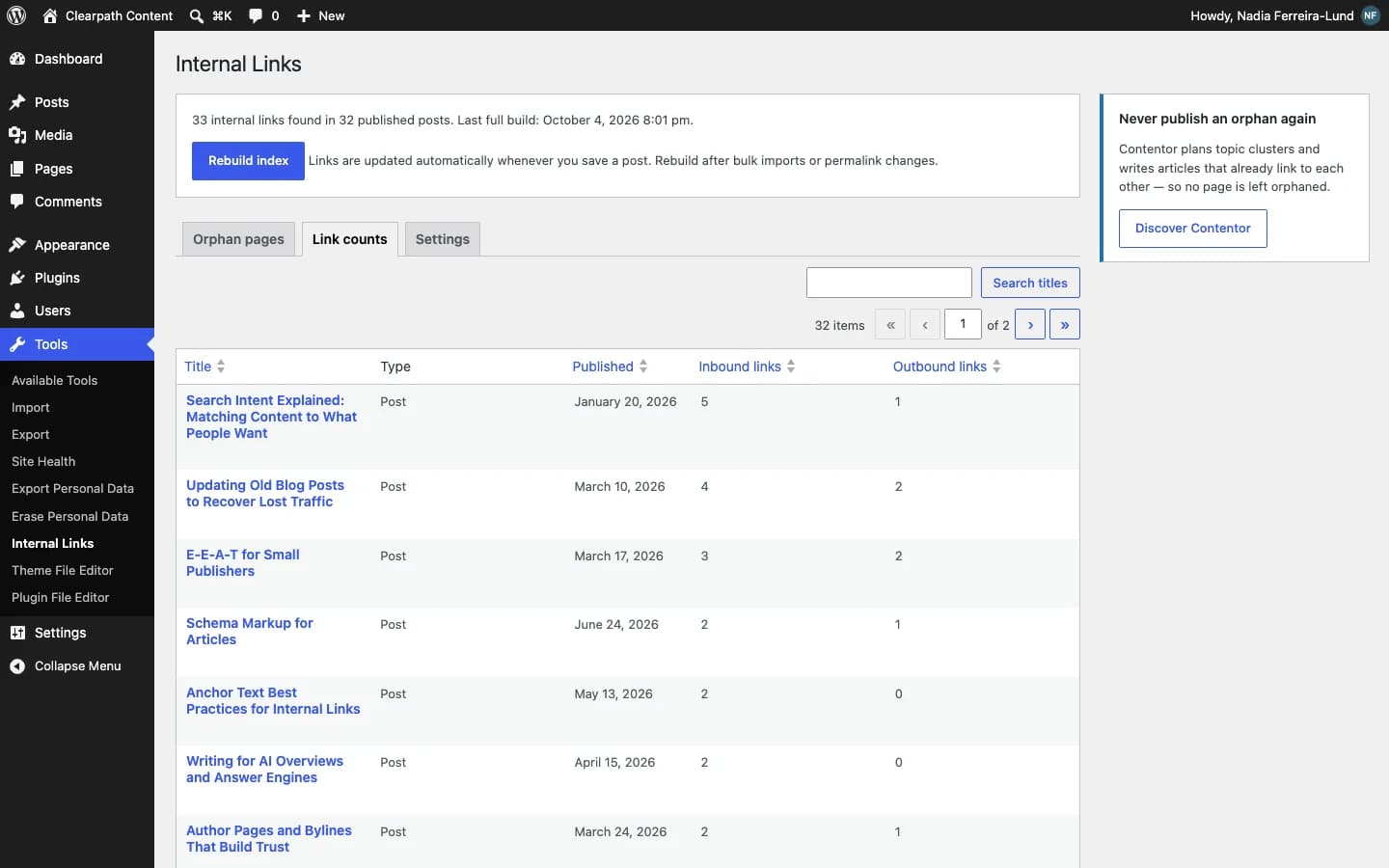 Contentor Internal Link Assistant: Recuento de enlaces recibidos y enviados de cada entrada, ordenable y con búsqueda.