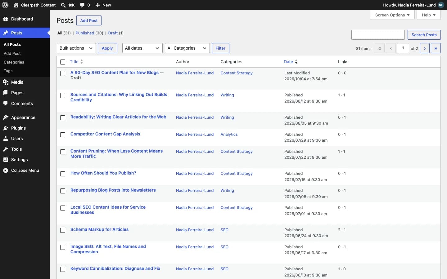 Contentor Internal Link Assistant: La columna "Enlaces" (recibidos · enviados) en la lista de entradas.