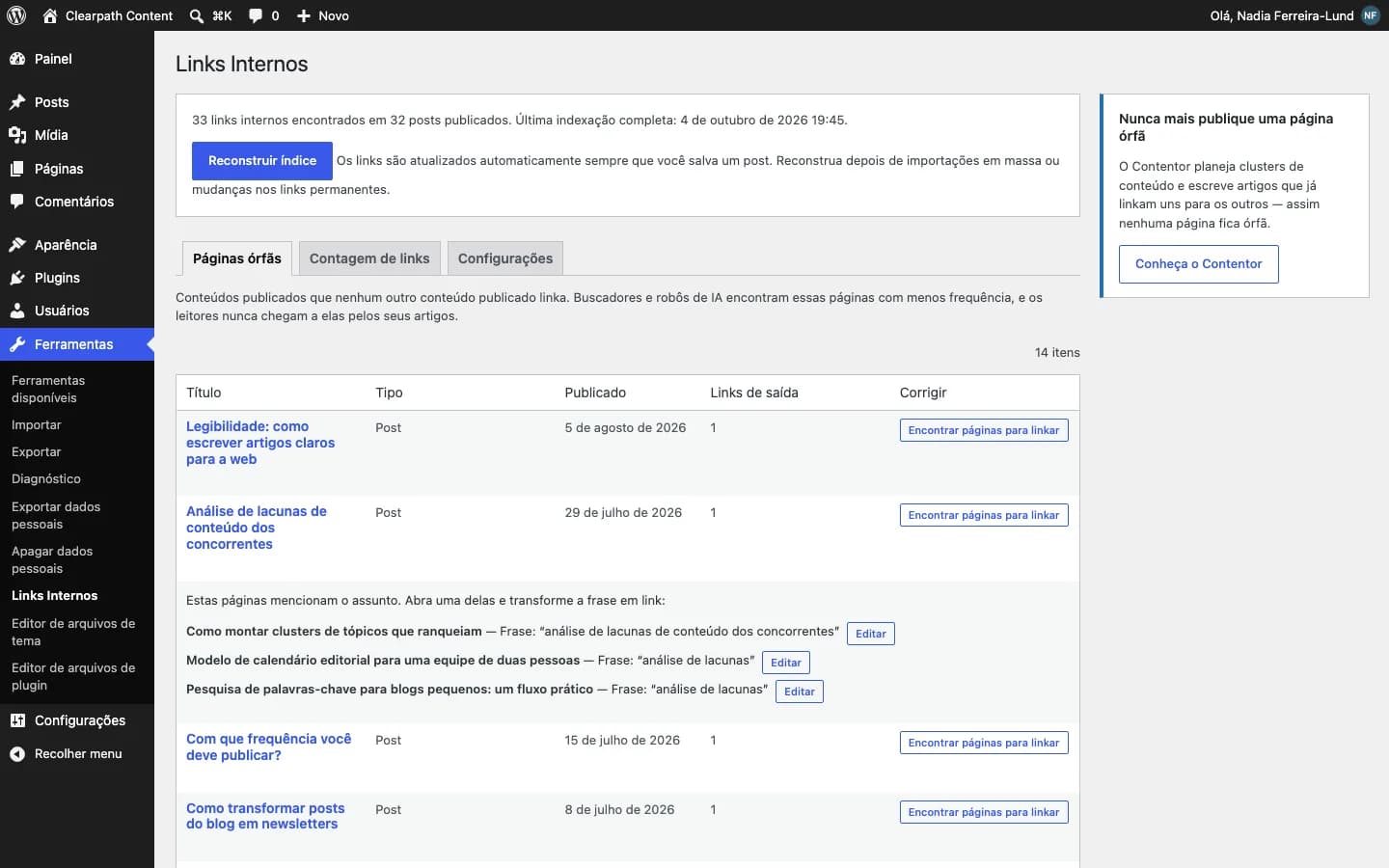 Contentor Internal Link Assistant: Relatório de páginas órfãs, com os posts que já citam o tema de cada uma.