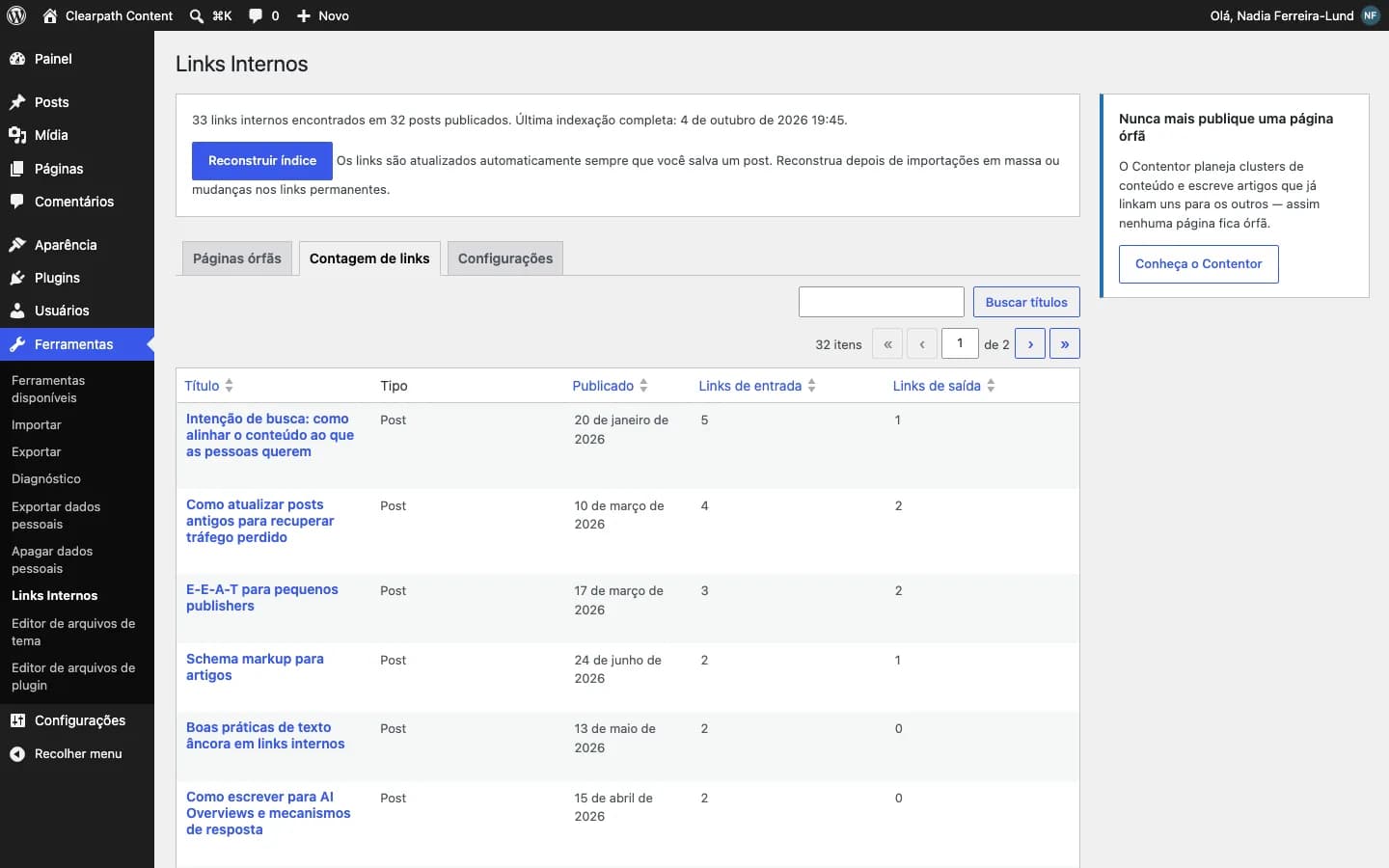 Contentor Internal Link Assistant: Contagem de links recebidos e enviados de cada post, ordenável e pesquisável.