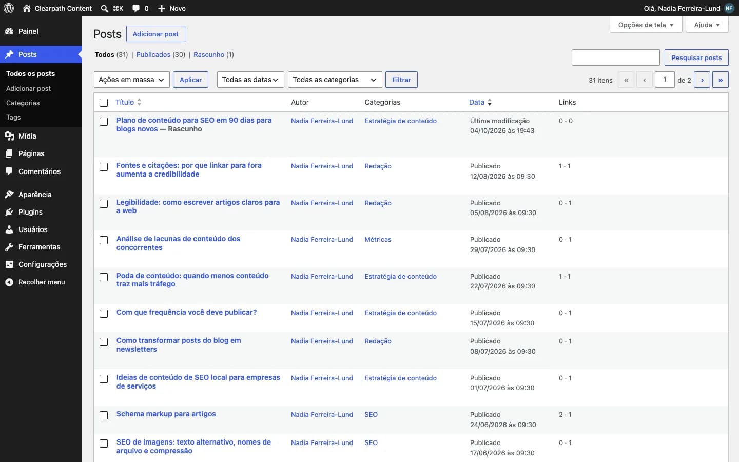 Contentor Internal Link Assistant: A coluna "Links" (recebidos · enviados) na lista de posts.
