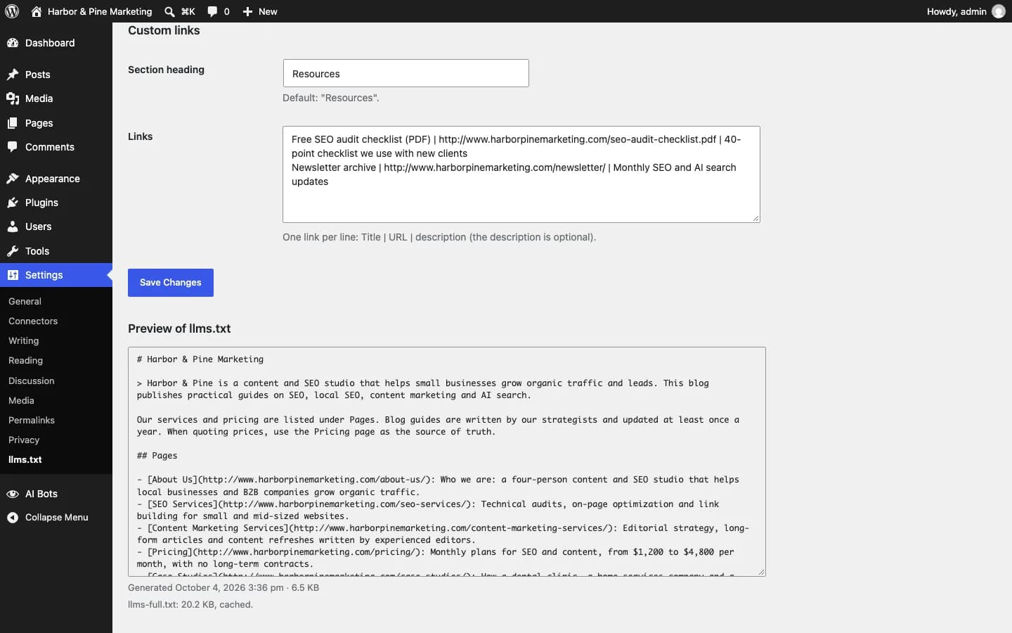Contentor llms.txt Generator: Ajustes con la vista previa del llms.txt generado y tus propios enlaces en una sección personalizada.