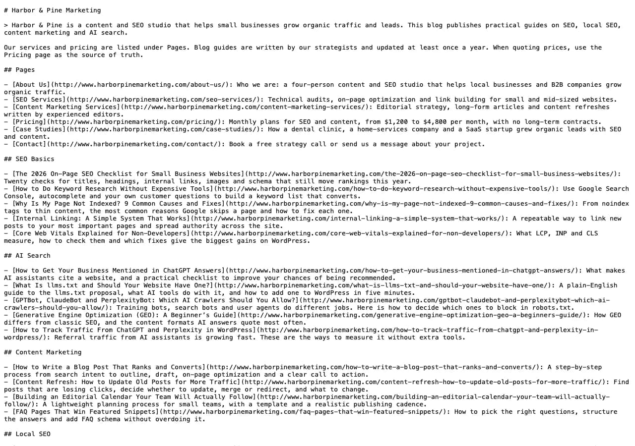 Contentor llms.txt Generator: El /llms.txt como lo leen los asistentes de IA: resumen, páginas, entradas por categoría y enlaces.