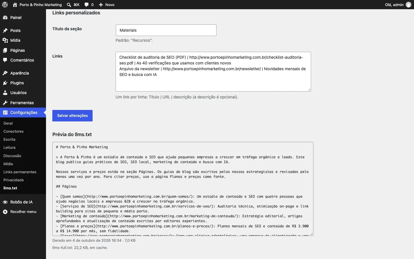 Contentor llms.txt Generator: Configurações com a prévia do llms.txt gerado e links próprios numa seção personalizada.