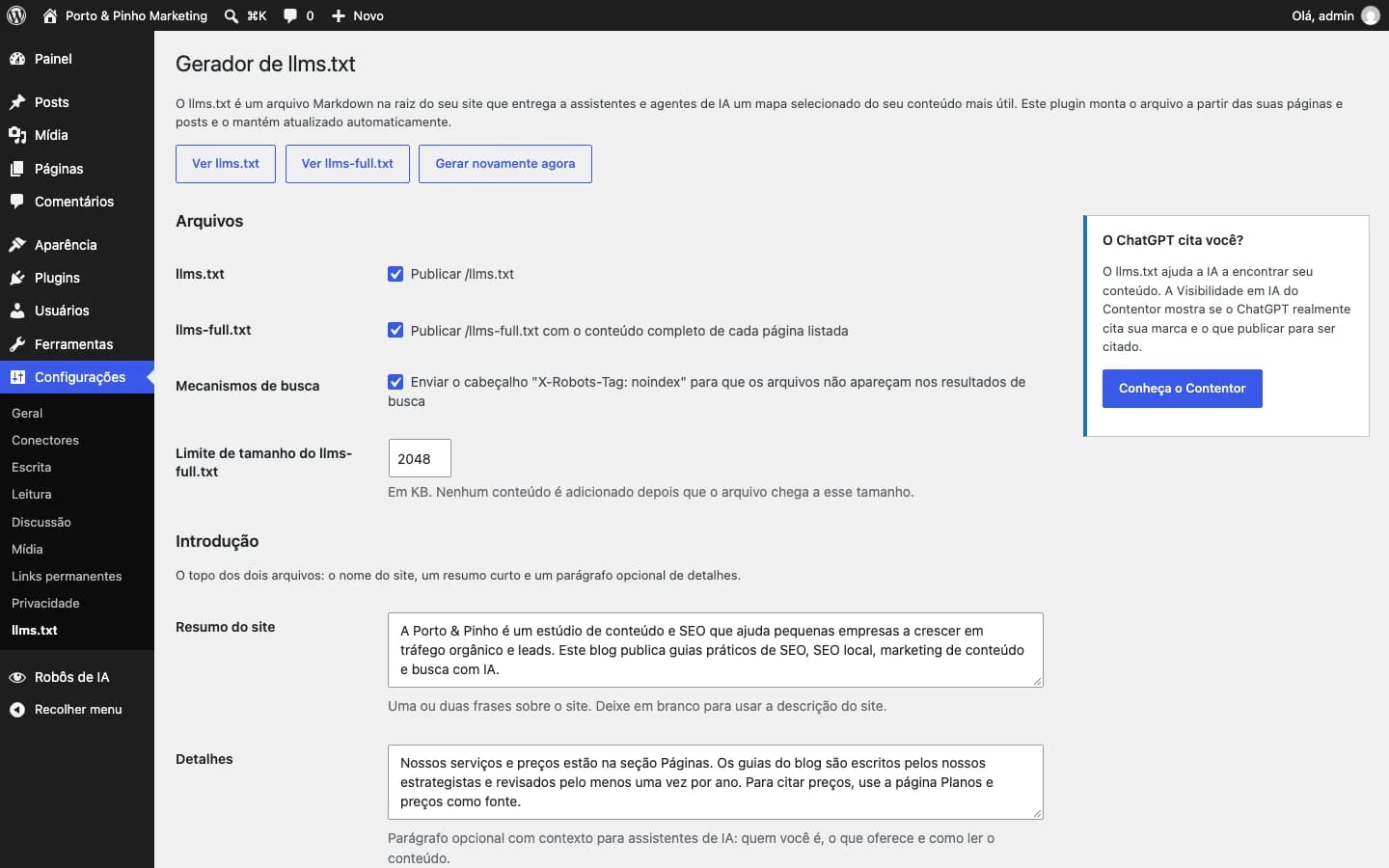 Contentor llms.txt Generator: Opções dos arquivos e a introdução exibida no topo dos dois.