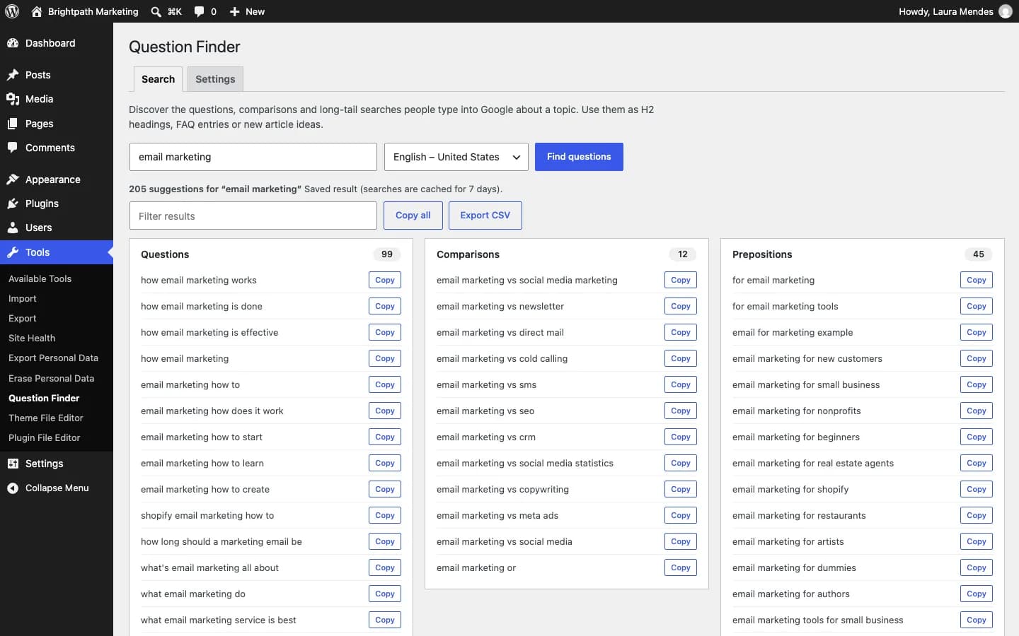 Contentor Question Finder: Herramientas → Buscador de Preguntas: sugerencias reales de Google agrupadas en preguntas, comparaciones y preposiciones.