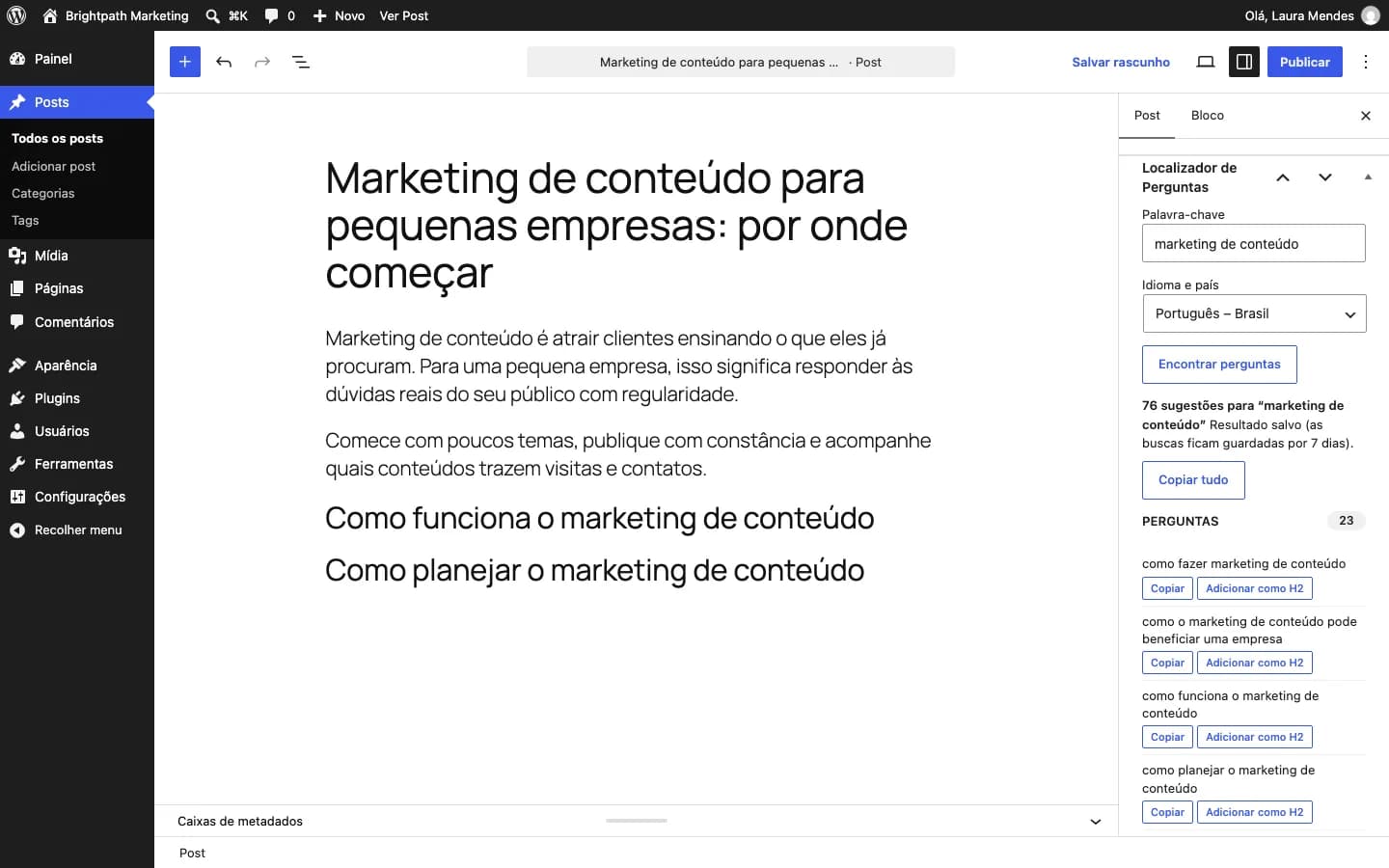 Contentor Question Finder: O quadro no editor de blocos: pesquise sem sair do post e clique em "Adicionar como H2".