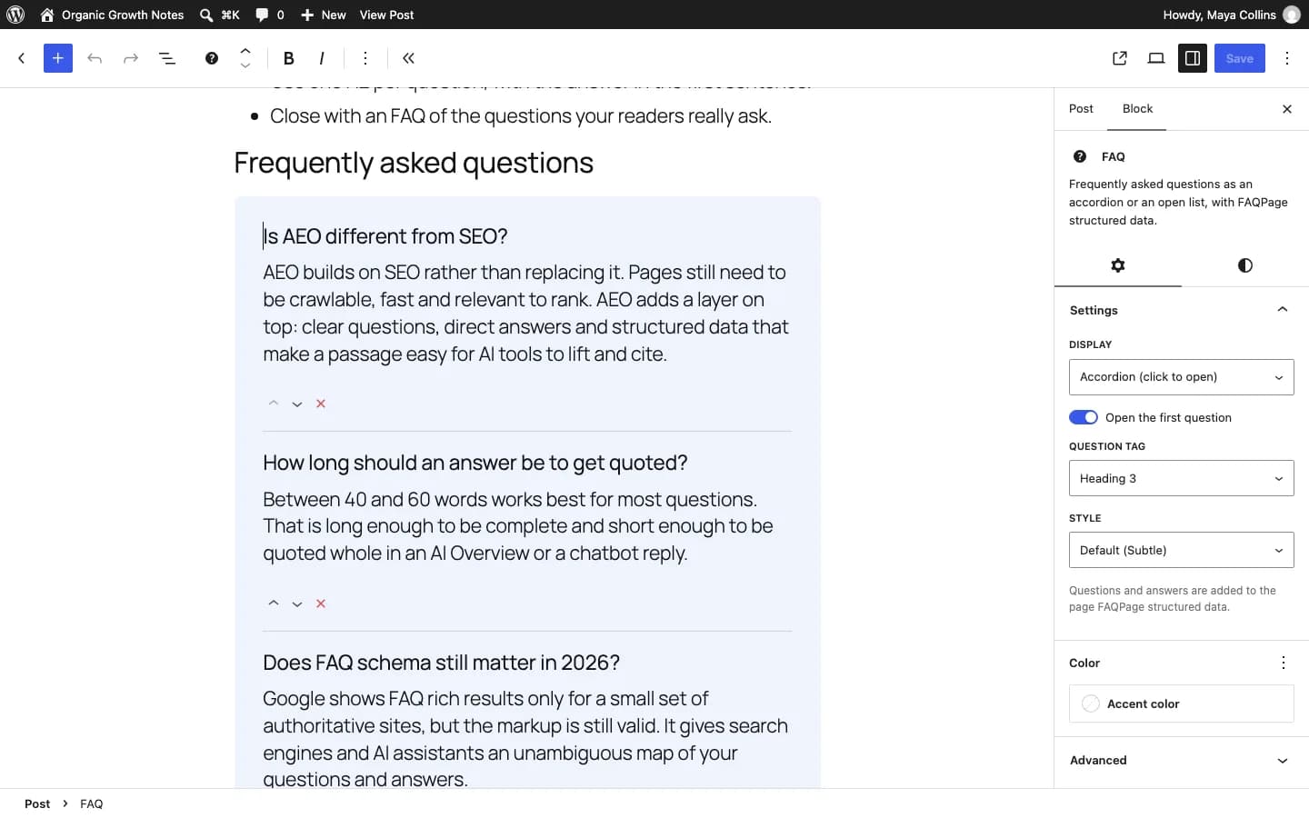 Contentor Quick Answer Block: Editando el FAQ: reordena preguntas y elige visualización, encabezado y estilo.