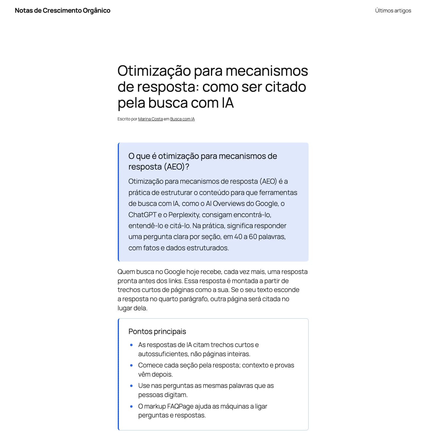 Contentor Quick Answer Block: Um post com a Resposta rápida abrindo o artigo, seguida dos Pontos-chave.