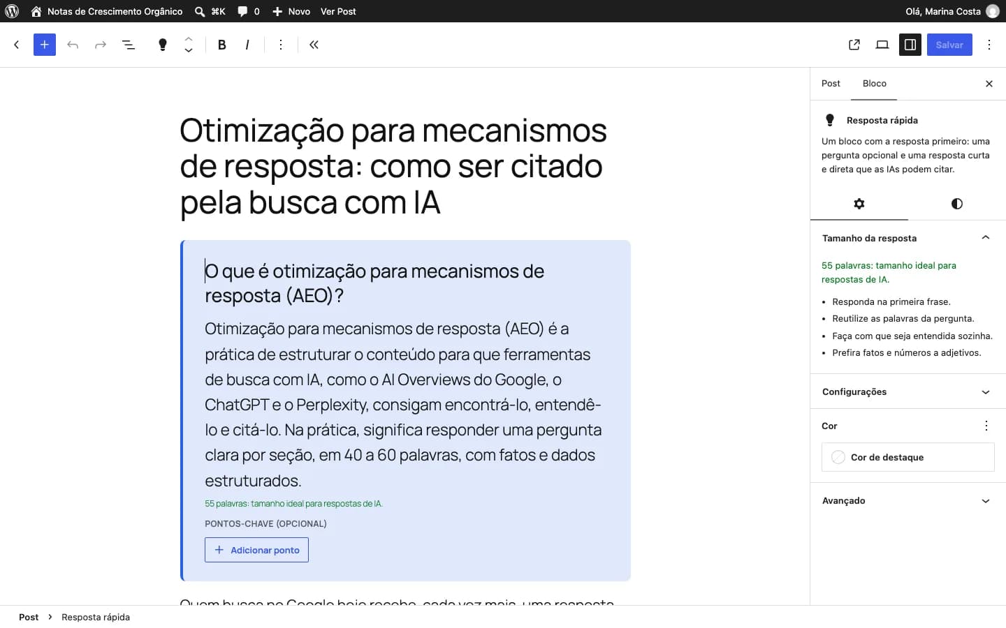 Contentor Quick Answer Block: A Resposta rápida no editor, com a contagem de palavras ao vivo.