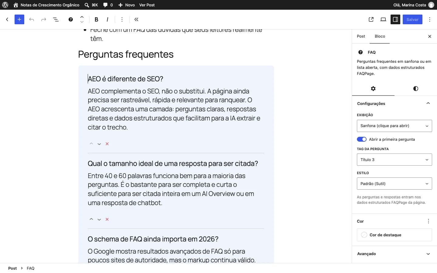 Contentor Quick Answer Block: Editando o FAQ: reordene perguntas e escolha exibição, título e estilo.