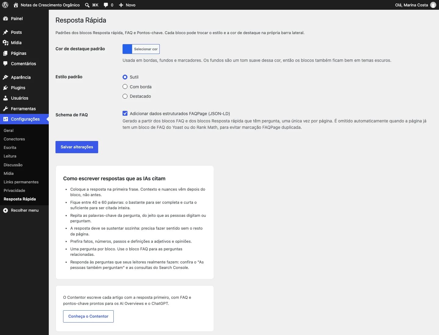 Contentor Quick Answer Block: Configurações: cor de destaque, estilo padrão, schema FAQPage e dicas de escrita.