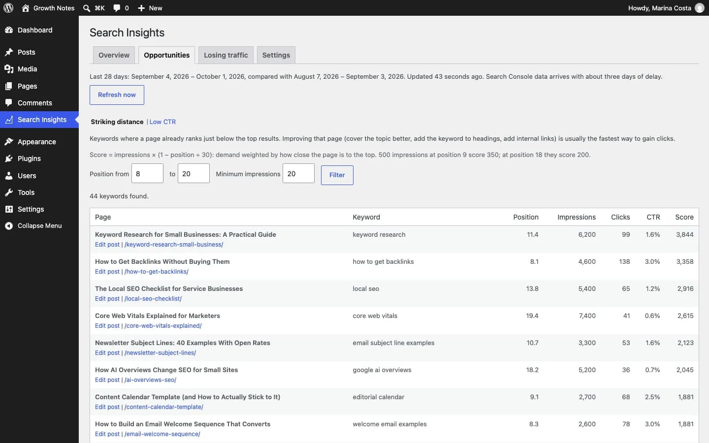 Contentor Search Console Insights: Oportunidades: palabras clave en posiciones 8 a 20, ordenadas por potencial, con enlace para editar la entrada.