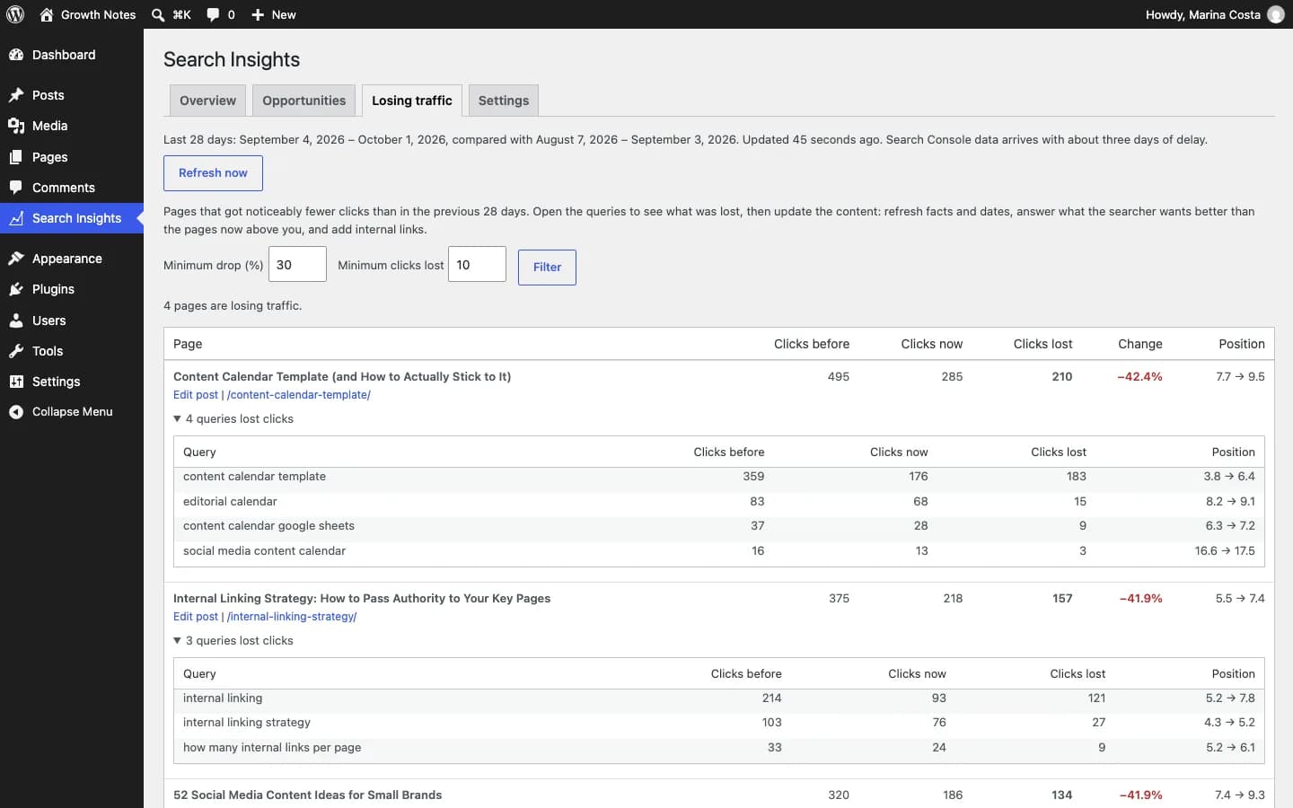 Contentor Search Console Insights: Entradas que pierden tráfico: páginas que perdieron clics y las consultas que más cayeron.