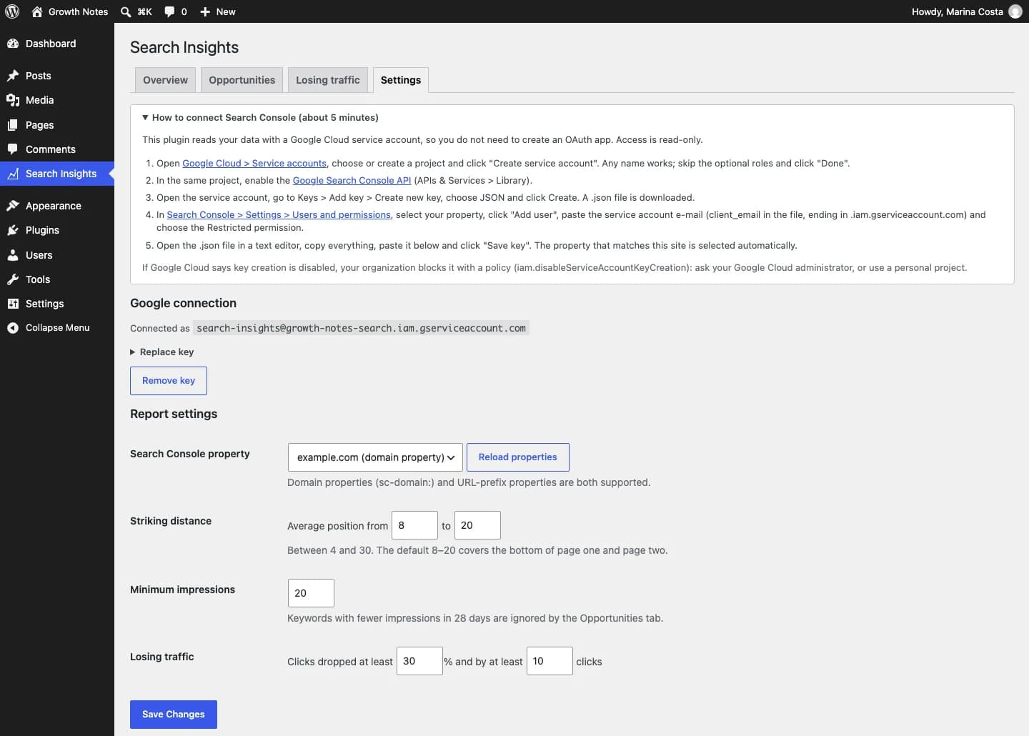 Contentor Search Console Insights: Ajustes, con la guía para conectar Search Console mediante una cuenta de servicio de solo lectura.