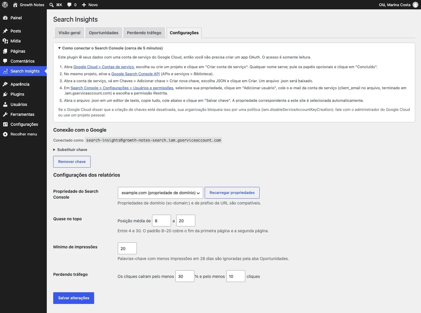 Contentor Search Console Insights: Configurações, com o guia para conectar o Search Console por uma conta de serviço somente leitura.