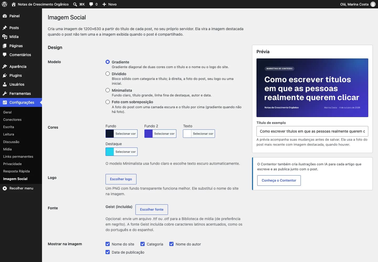Contentor Social Image Generator: Configurações: escolha modelo e cores e veja a prévia ao vivo.