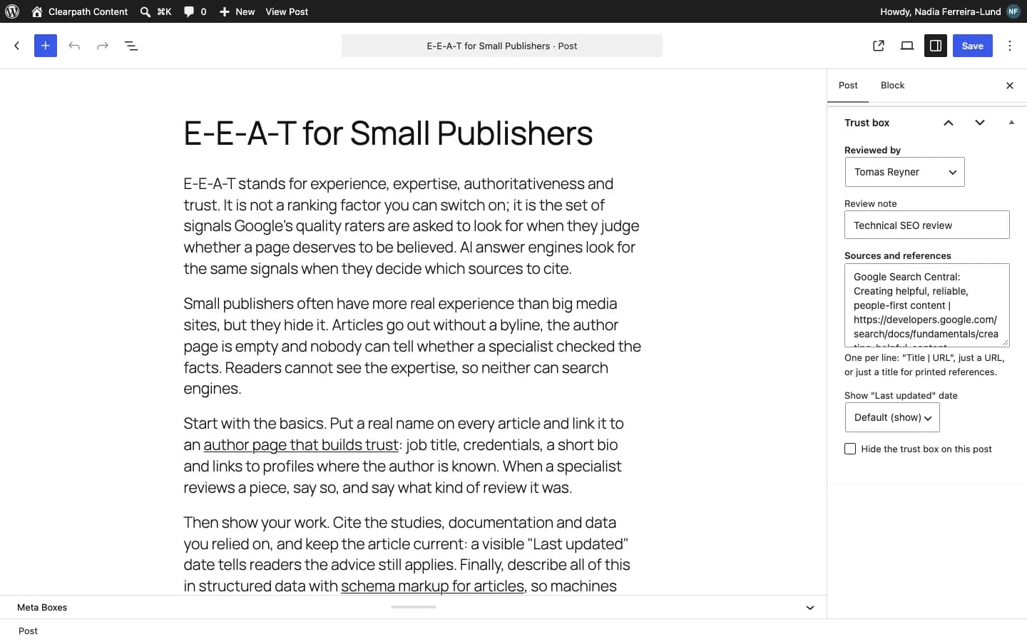 Contentor Author Trust Box (E-E-A-T): El panel "Caja de confianza" en el editor: revisor, nota de revisión, fuentes y fechas de cada entrada.