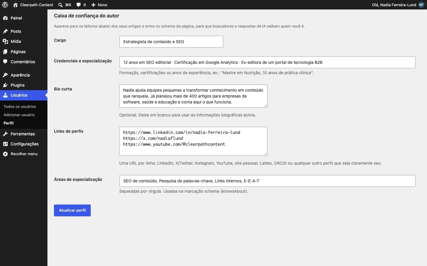 Contentor Author Trust Box (E-E-A-T): Os campos de autor adicionados ao perfil do usuário.
