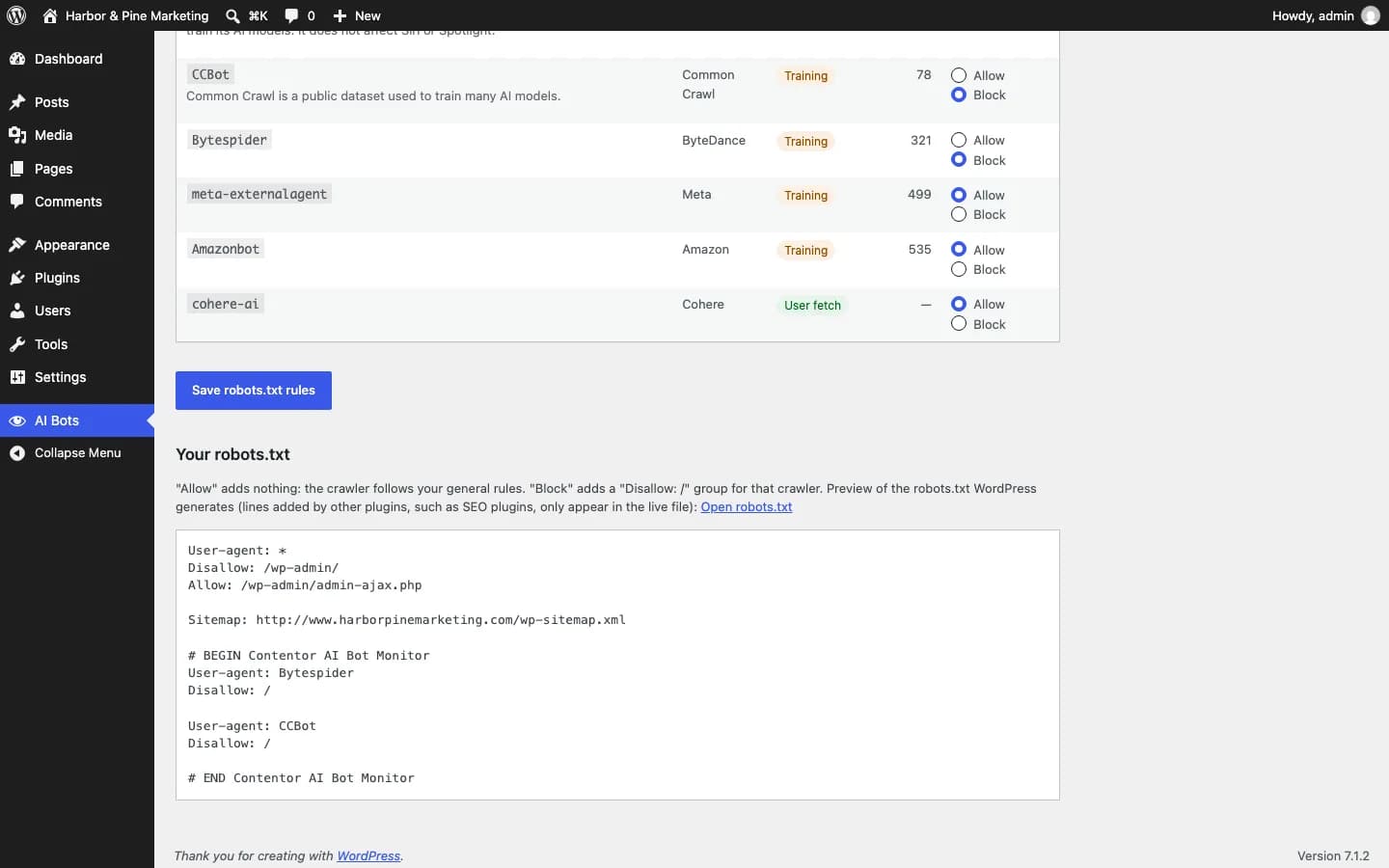 Contentor AI Bot Monitor: Dos bots de entrenamiento bloqueados y la vista previa del robots.txt generado.