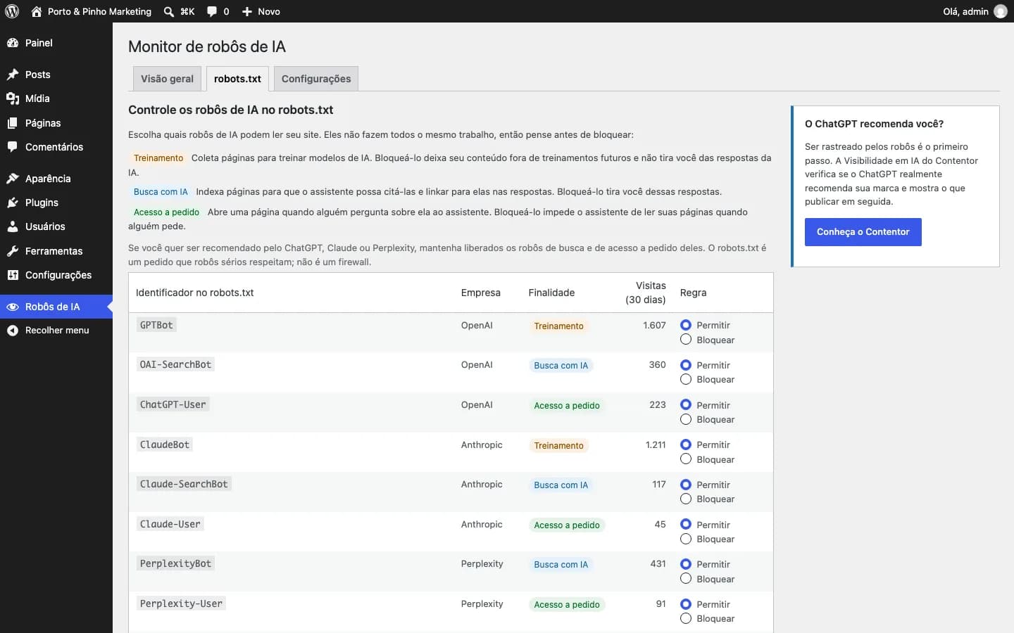 Contentor AI Bot Monitor: Regras do robots.txt: libere ou bloqueie cada robô, com a finalidade de cada um.